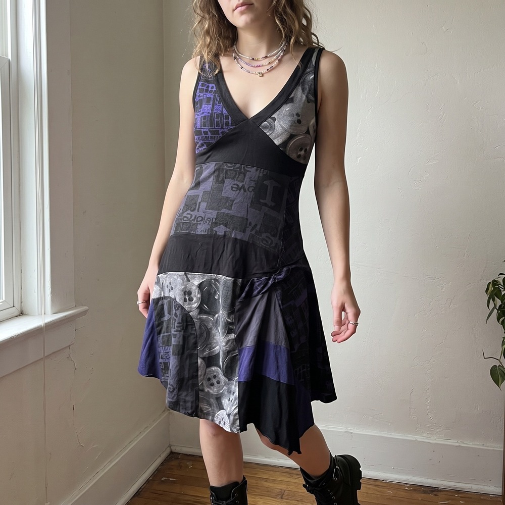 Y2K Vintage Desigual Womens Patchwork Dress Medium Black Multi V-Neck Sleeveless